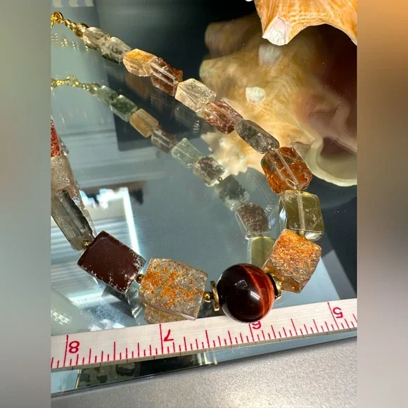 GOLDEN PHANTOM QUARTZ + TIGERS EYE STONES NATURAL NECKLACE - Picture 14 of 16